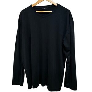 H&H Men Black Ribbed V-Neck Long Sleeve Shirt XL Polyester Rayon Blend